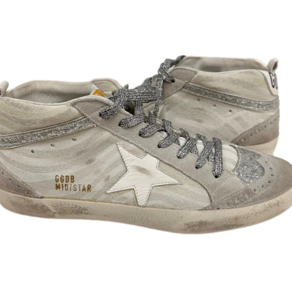 GOLDEN GOOSE Suede/ Glitter Mid Star Sneaker White/Silver